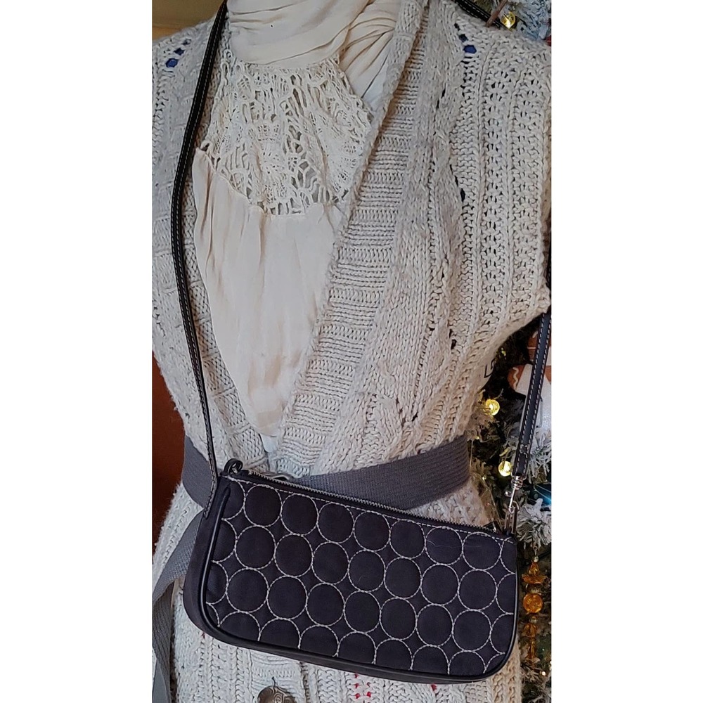 Black Mini Baguette Purse w/ Cream Circular Embroidery, Crossbody